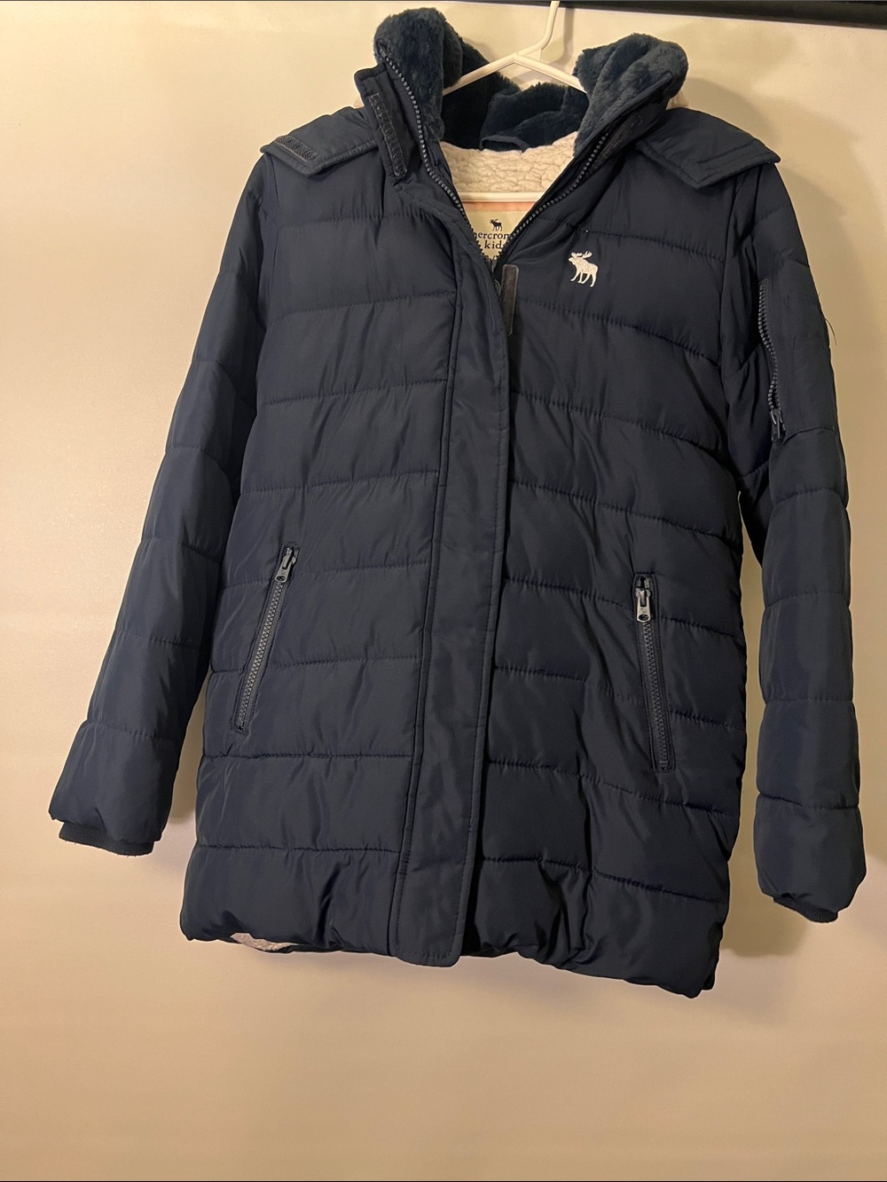 abercrombie kids navy puffer coat with hood